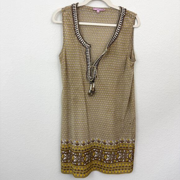 Calypso St Barth Womens Sleeveless Mini Dress Size M Beaded Silk Resortwear Tan - Picture 1 of 9